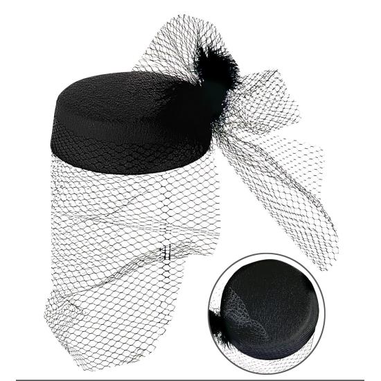 Sombrero Negro con rejilla y Pluma años 20 Sombrero Negro con rejilla y Pluma años 20